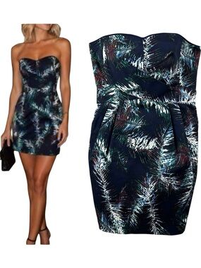 Club Monaco Navy Botanical Feather/Leaf Strapless with Pockets Mini Dress Size 6